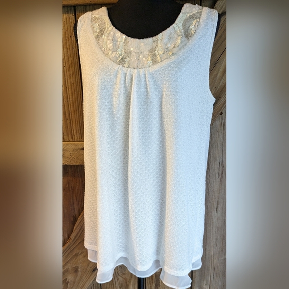Studio Y White Knit Blouse Women's Sz XL sequin sleeveless lined Chiffon Y-1 - Picture 1 of 7